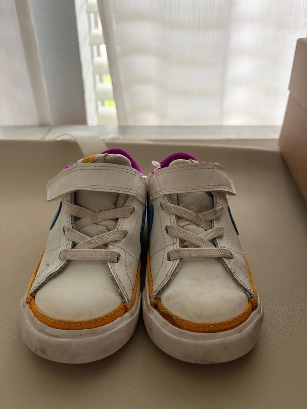 Nike Kids White Sneakers with Blue Swoosh & Purple Lining